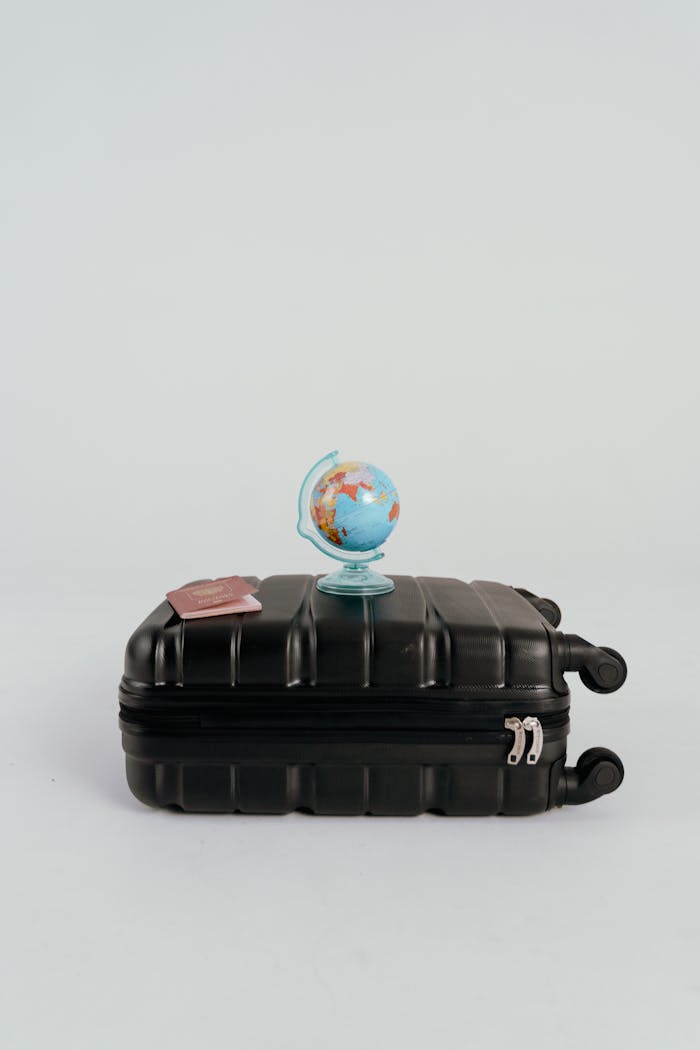A small globe on a black suitcase symbolizes global travel and wanderlust.